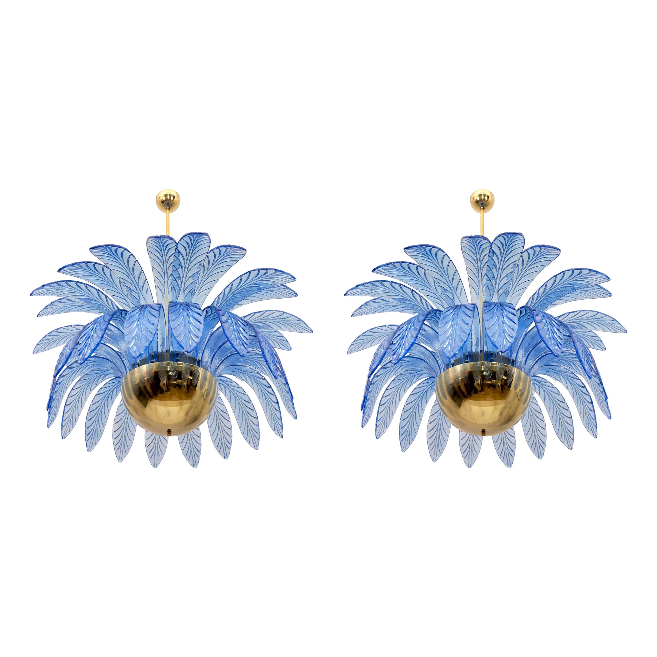 Pair of Mid-Century Modern Palm Leaves Big Chandelier Murano Glass and Brass