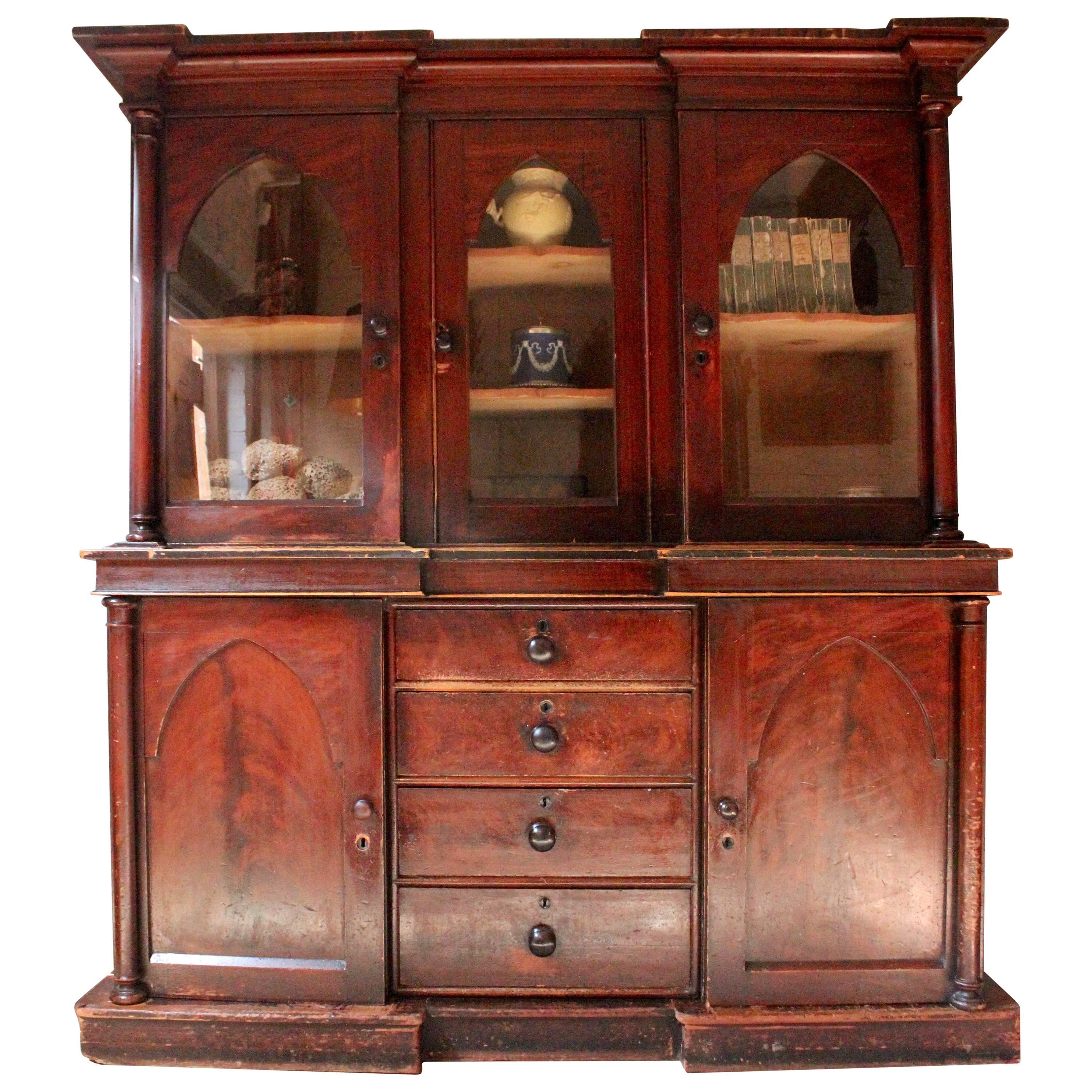 Decorative, Gothic Revival Stained Pine Breakfront Bookcase, circa 1840 For Sale