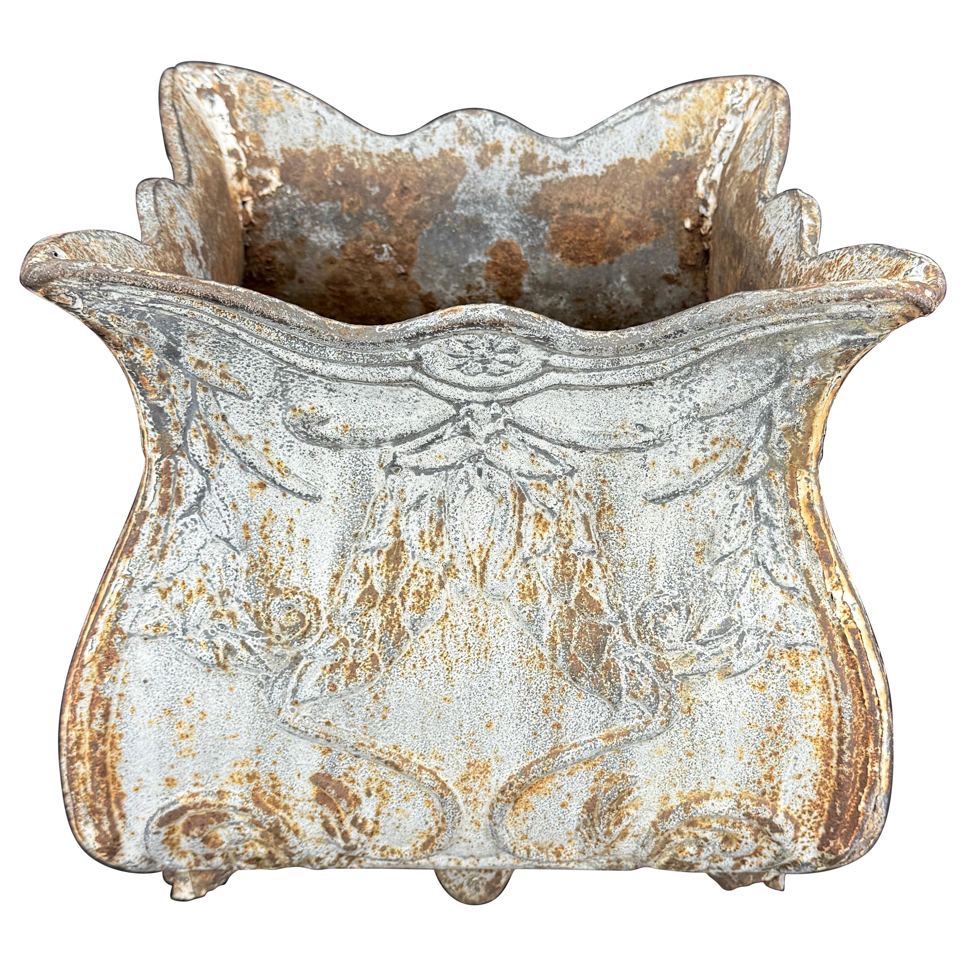 Antique French Cast Iron Square Garden Jardiniere Planter