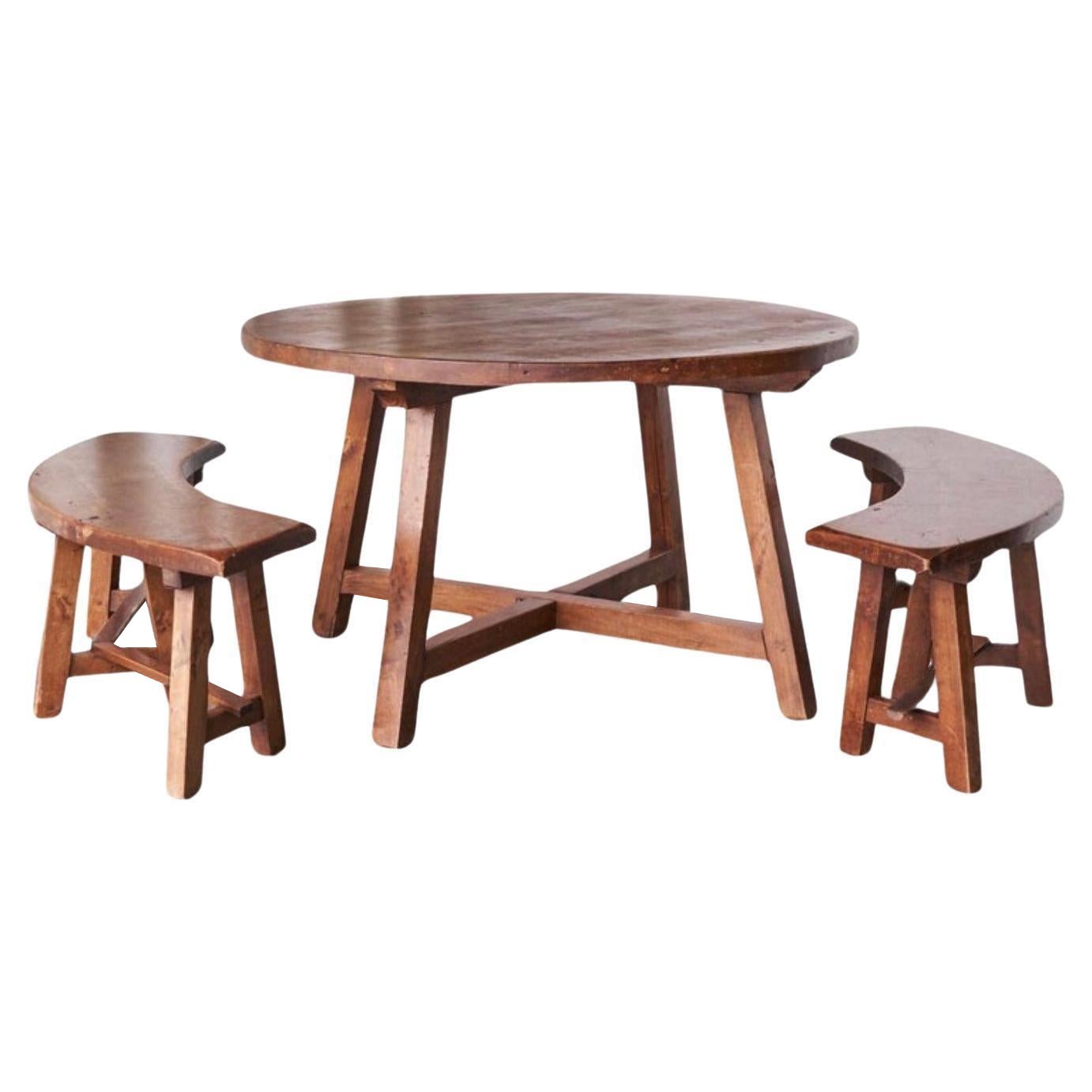 Ensemble rustique d'ébéniste scandinave et de bancs en pin massif des années 1940