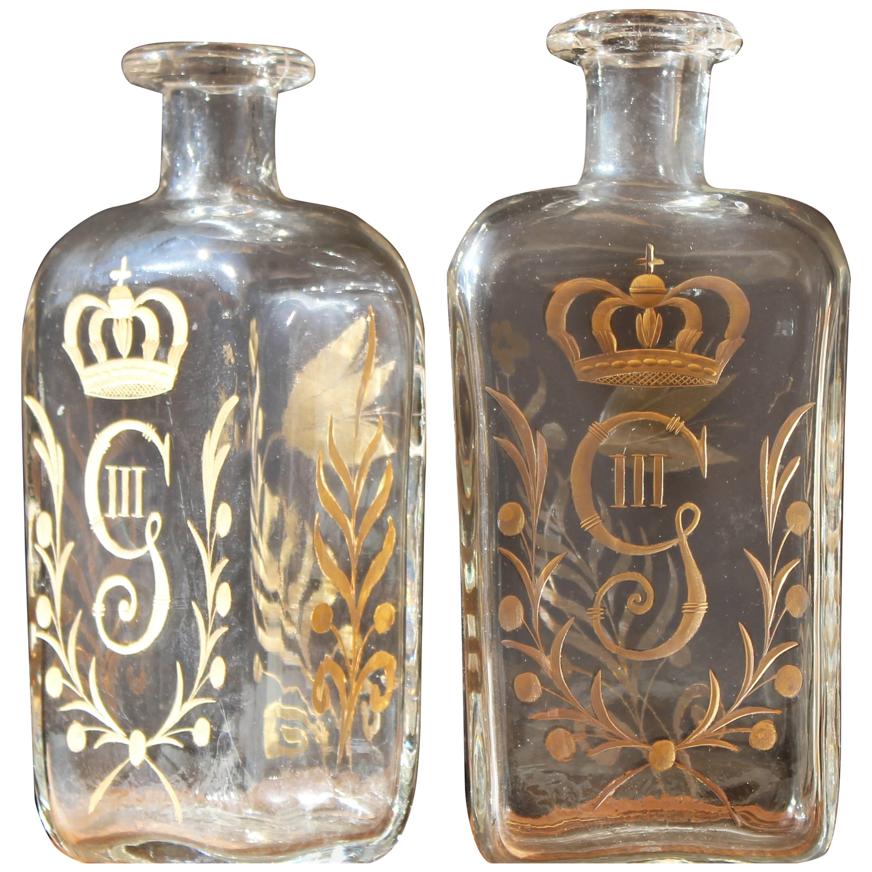 Pair of circa 1800 Swedish Glass Flasks Gilt Decorated for Gustav III