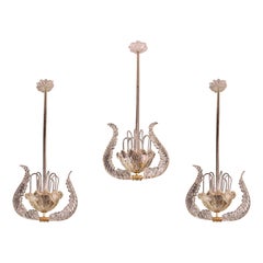 Set of 3 Art Decò Fountain Chandelier By Barovier e Toso, Murano Glass, 1940