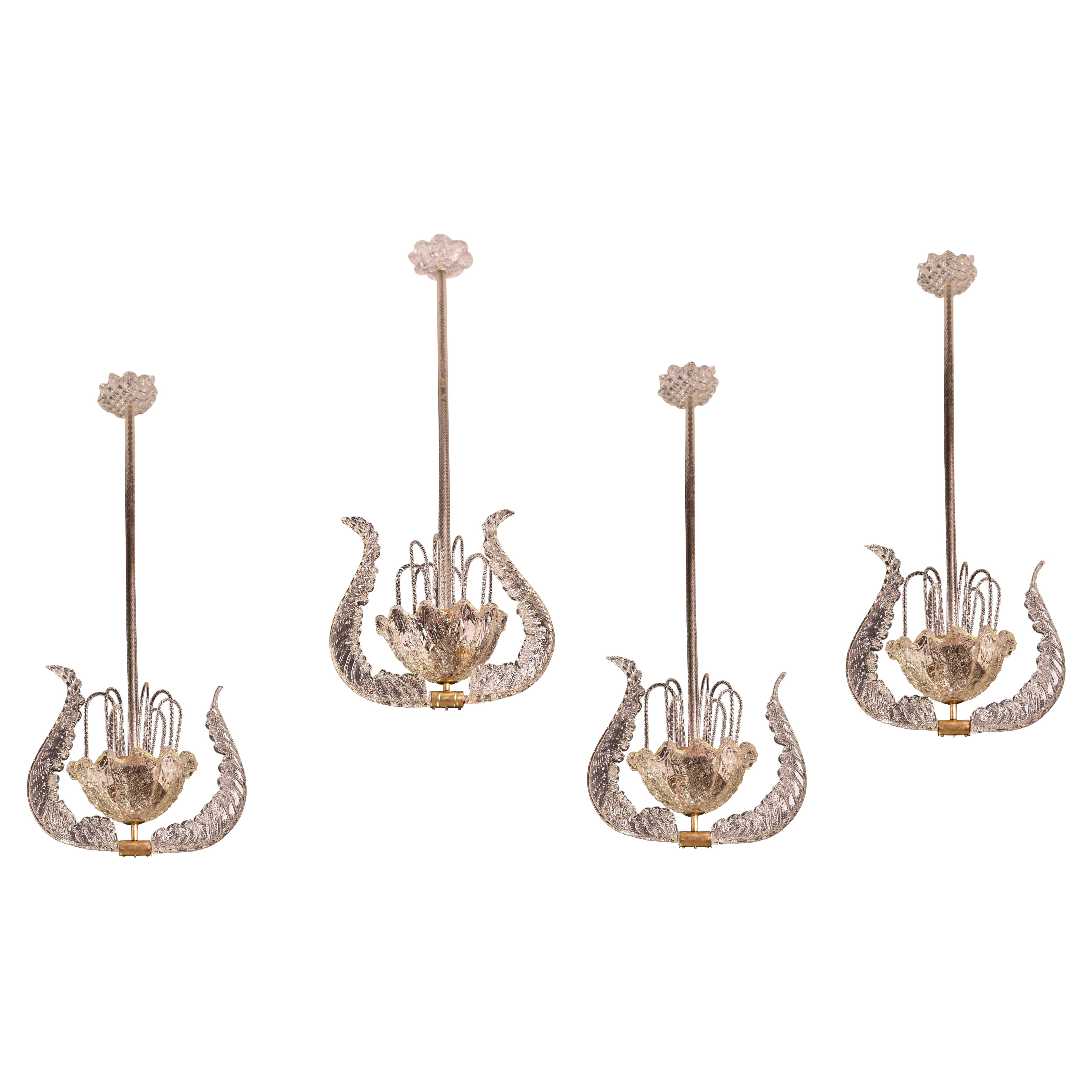 Set of 4 Art Decò Fountain Chandelier By Barovier e Toso, Murano Glass, 1940