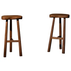 Rustic Solid Wood Bar Stools, France, 1950s