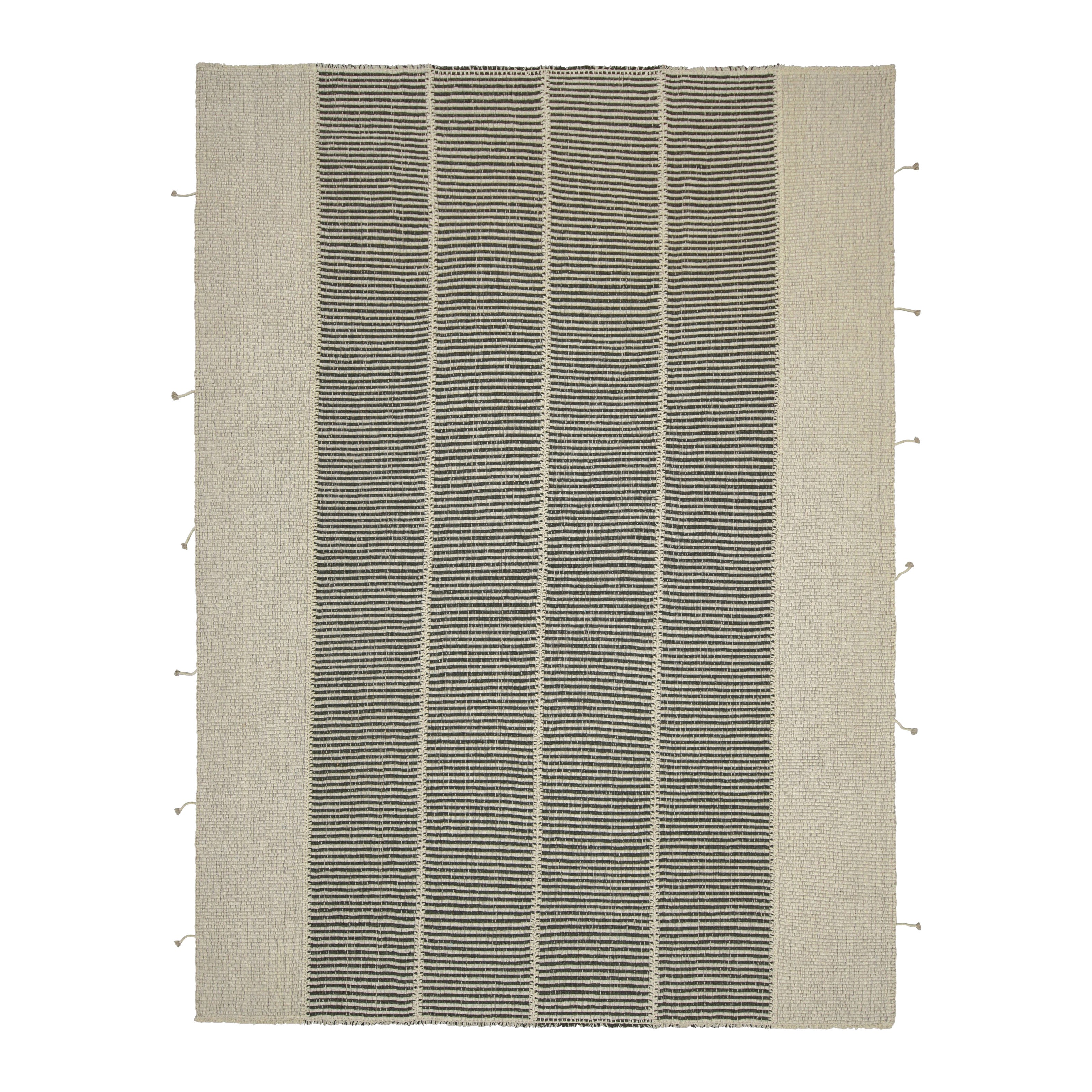 Rug & Kilim’s Contemporary Kilim, Textural White and Black Stripes, Beige Accent