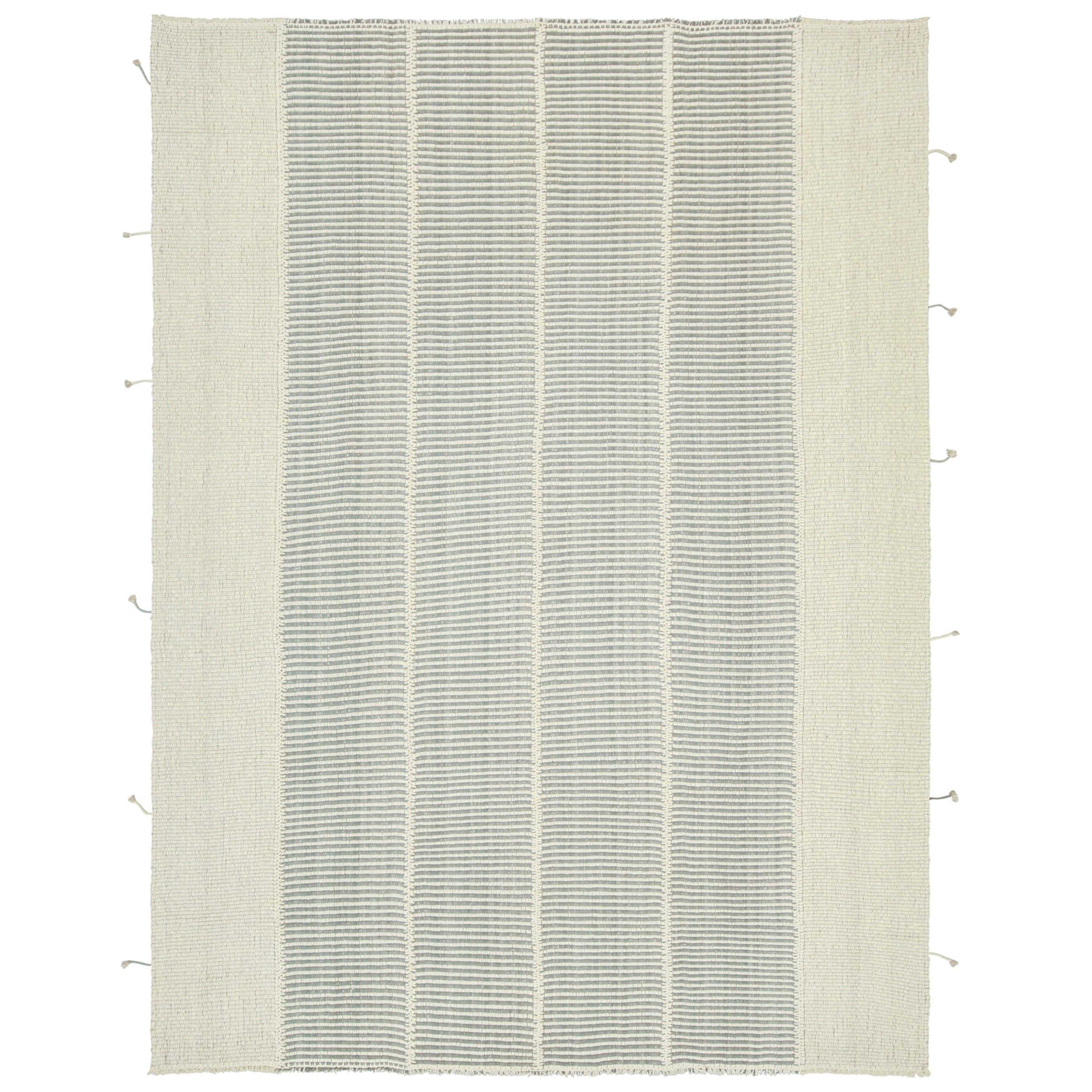 Rug & Kilim’s Contemporary Kilim, Textural White and Slate Blue Stripes