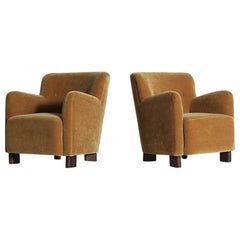 Elegantes Paar Loungesessel, gepolstert mit reinem Mohair in Gelbgold