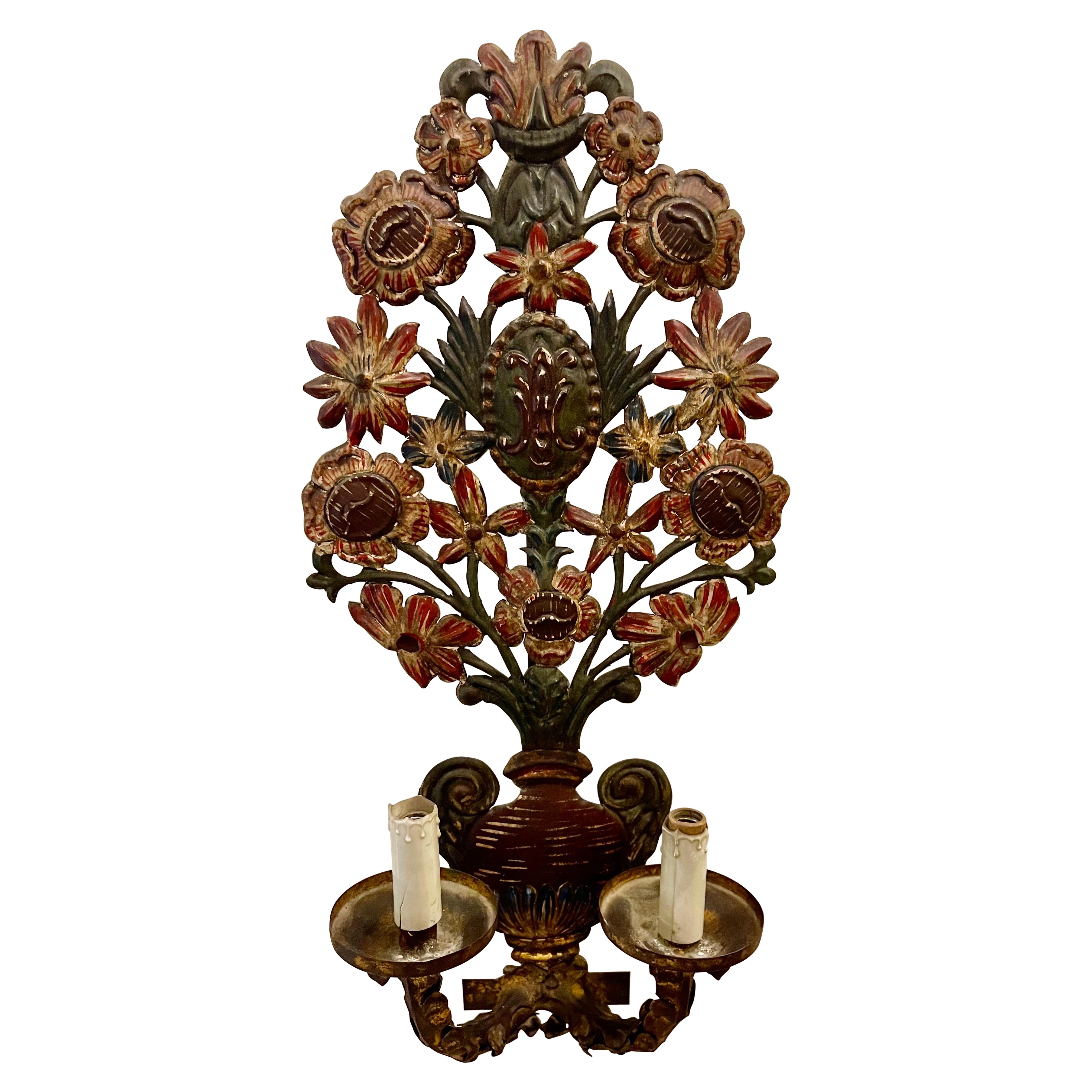Baroque wall lighting with paint and gilt gold , flower paint with 2 bulbs .