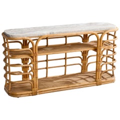 Designer américain, table console, bambou, rotin, marbre, États-Unis, années 1950