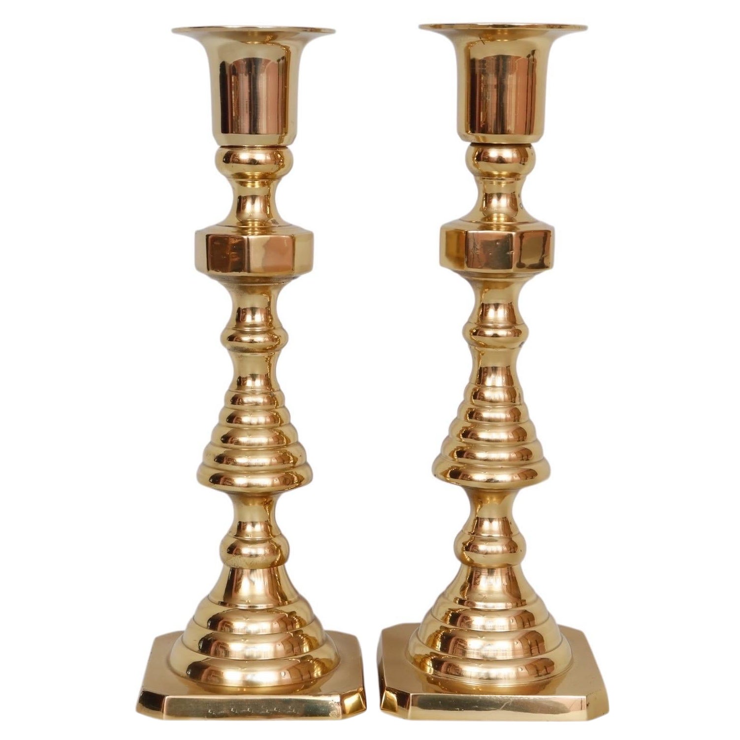 English Brass Beehive Candlestick Holders, a Pair