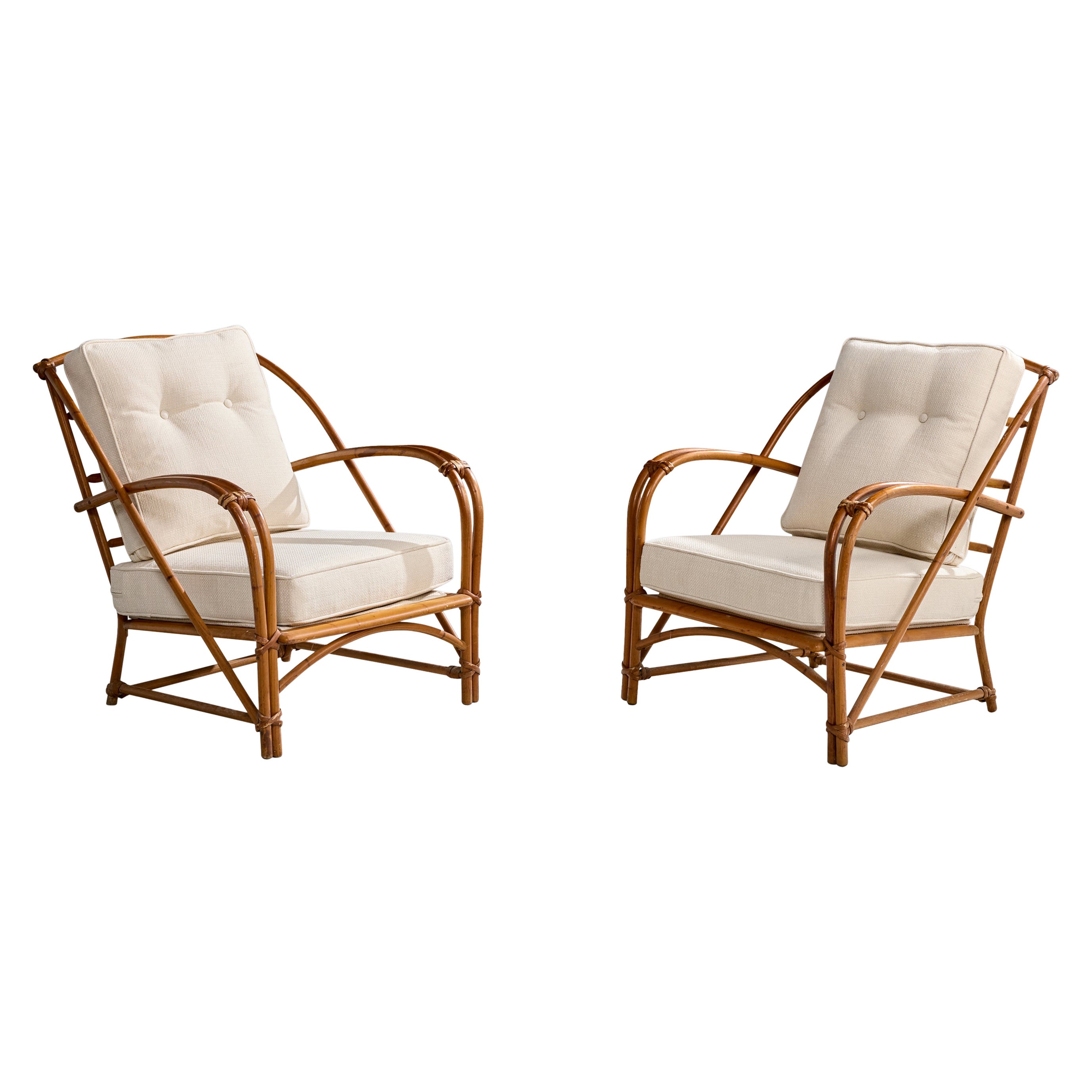 Heywood Wakefield, Lounge Chairs, Bamboo, Rattan, Fabric, USA, 1950s