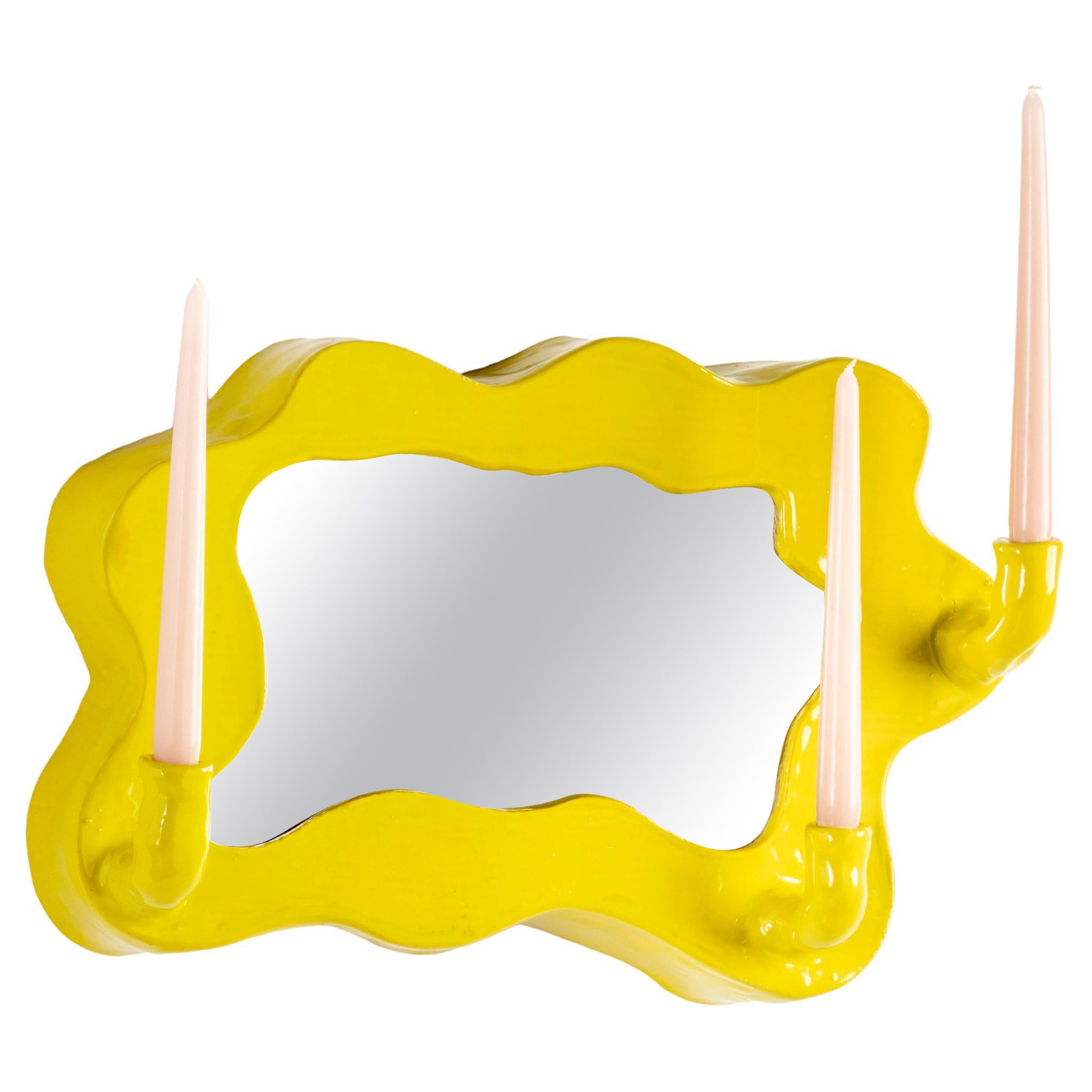 Clouds Series - Handcrafted Yellow Glazed Ceramic Illuminated Wall Mirror For Sale