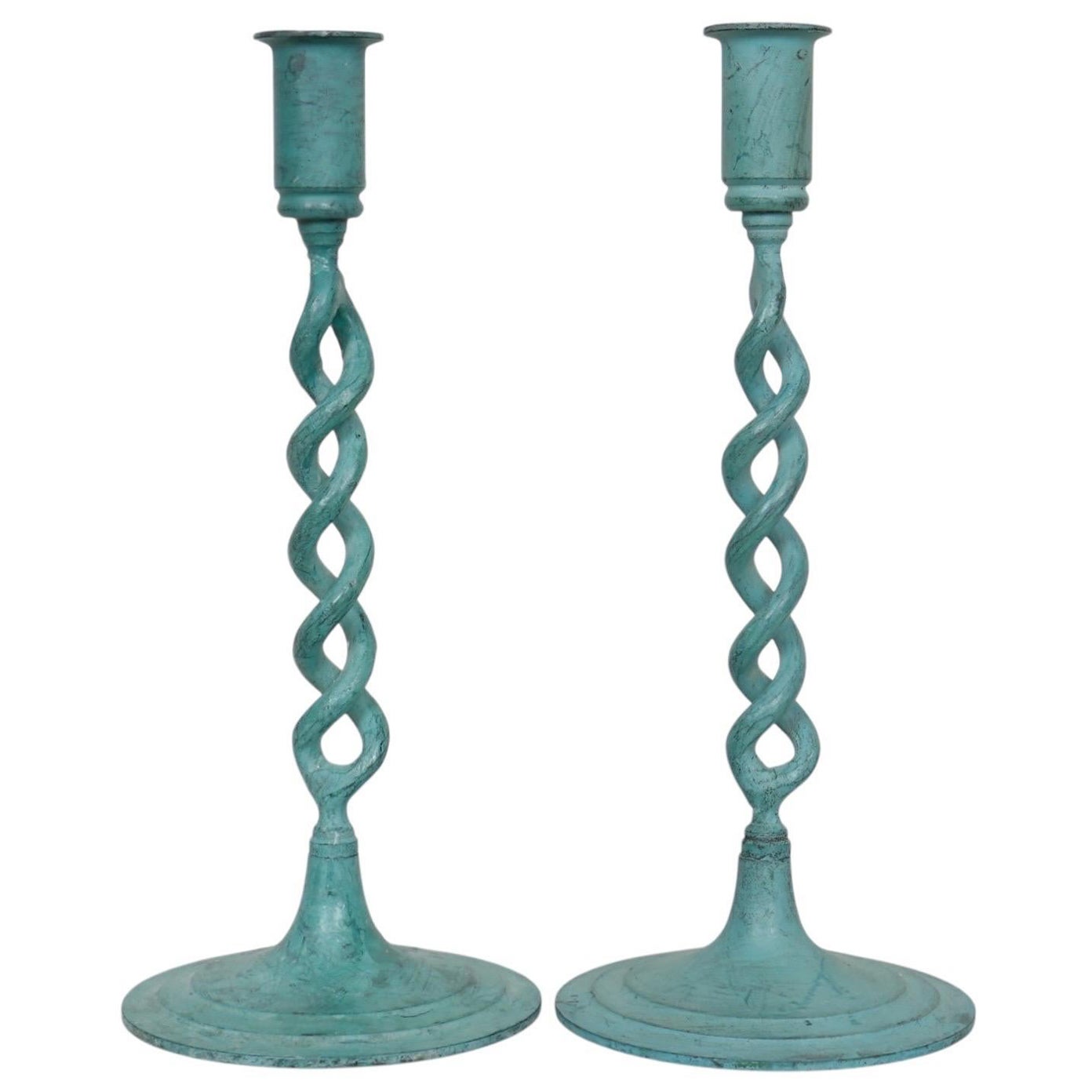 Verdigris Open Barley Twist Candlestick Holders, a Pair