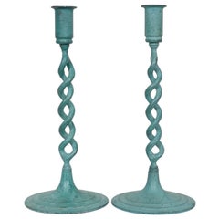 Verdigris Open Barley Twist Candlestick Holders, a Pair