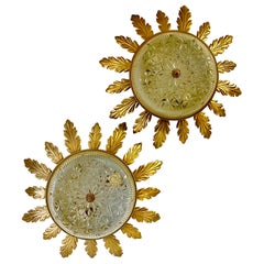 Sunbursts wall lighting metal with crystal gilt gold , Spain 1960s