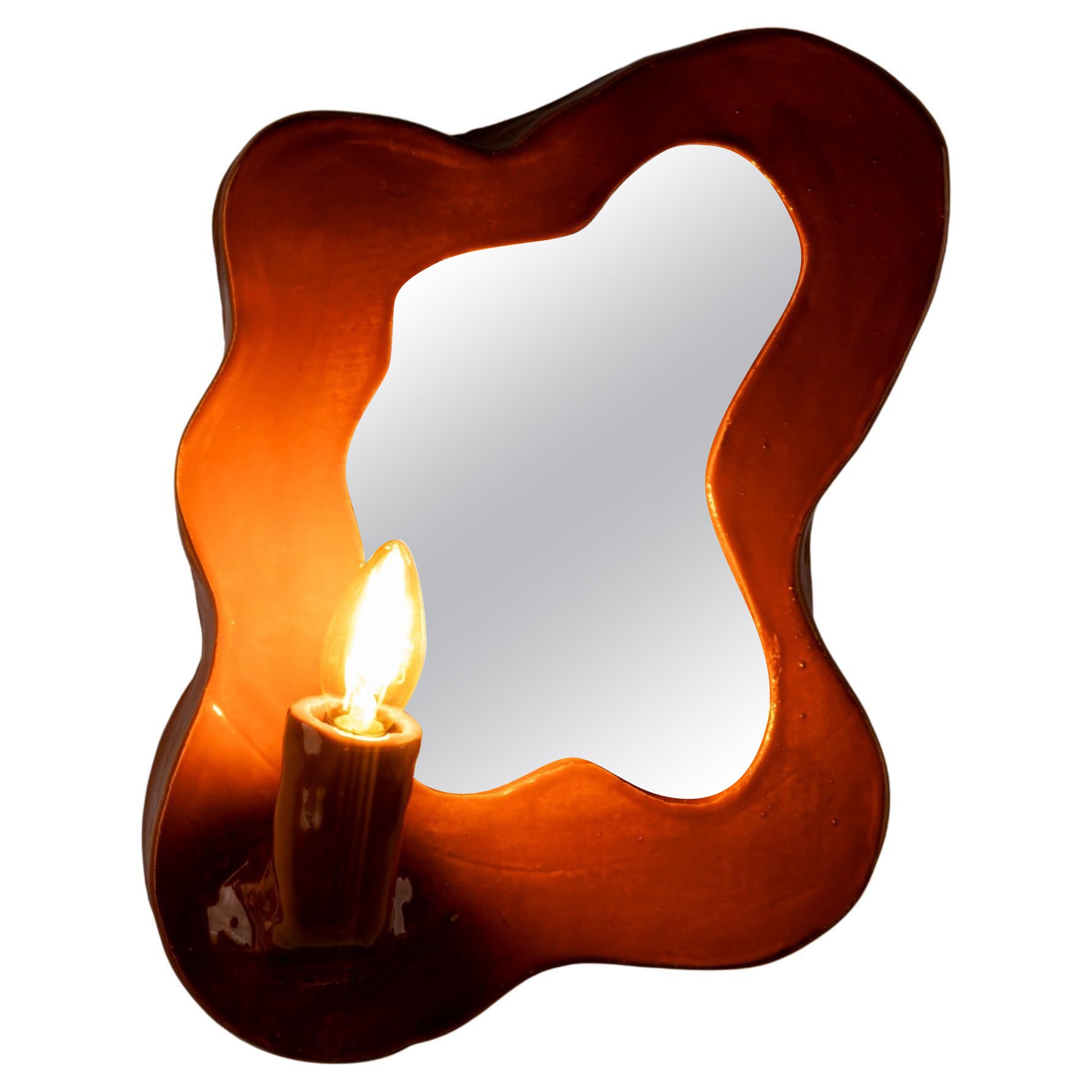 Clouds Series - Handcrafted Brown Glazed Ceramic Illuminated Wall Mirror