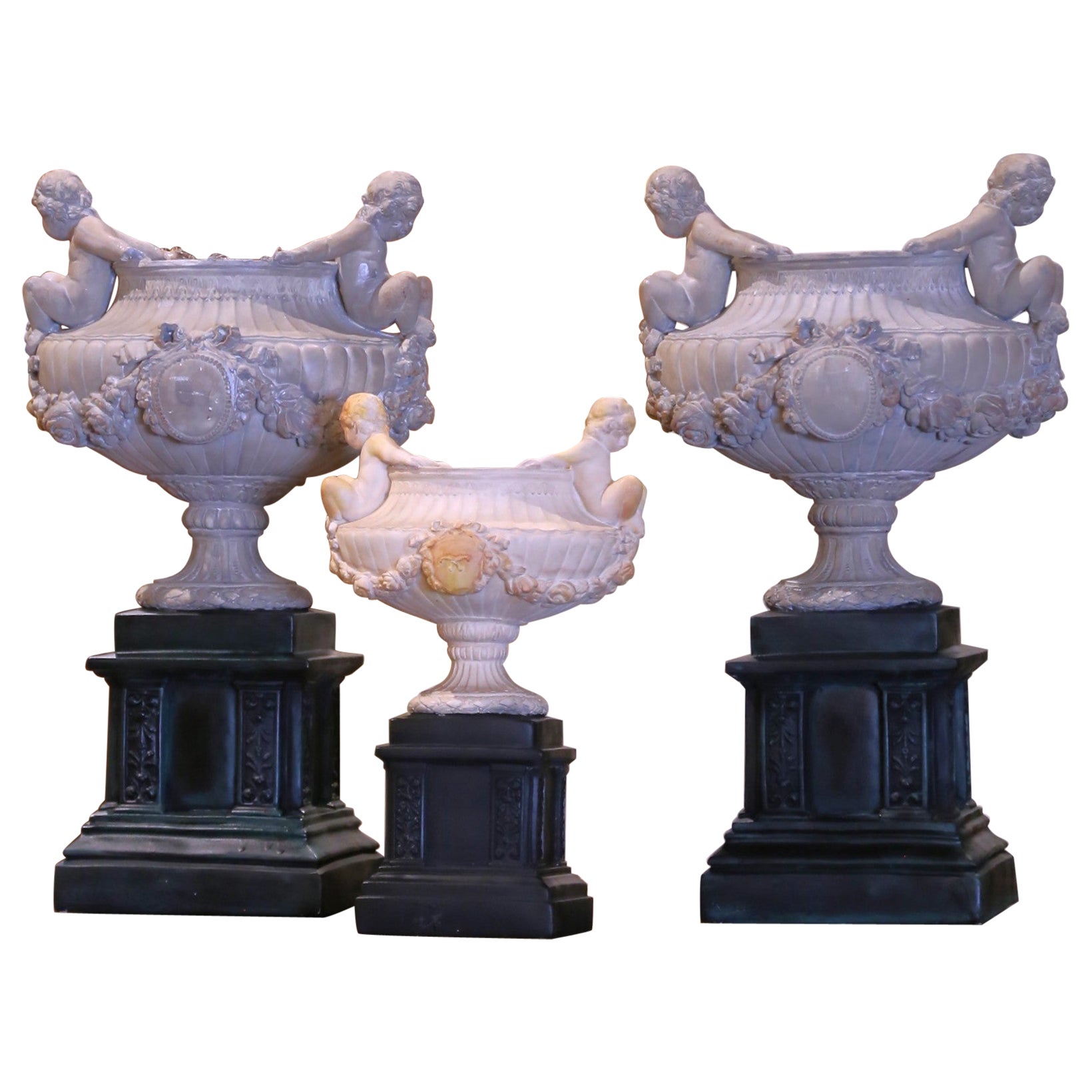 Set of Vintage French Cherub Urns on Pedestals, Set of Three