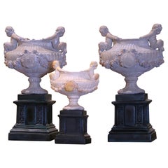 Set of Vintage French Cherub Urns on Pedestals, Set of Three