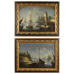 19th Century Oil on Canvas Pair of Paintings Seascape with Boats