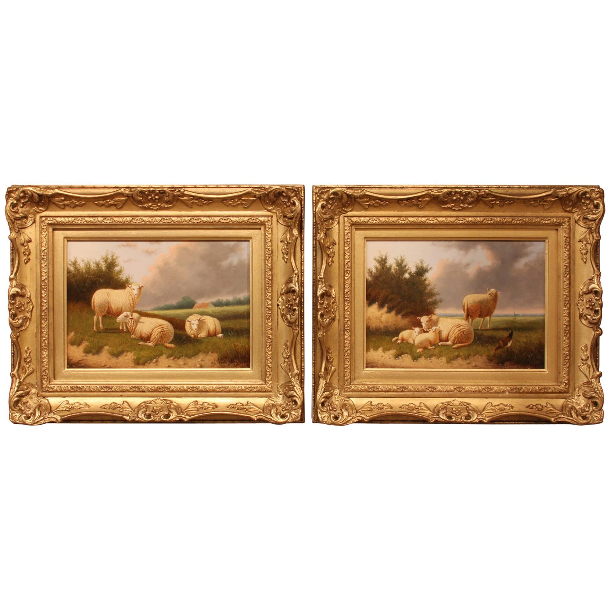 "Sheep Grazing" Pair of Oil Paintings by Jacob Van Dieghem For Sale