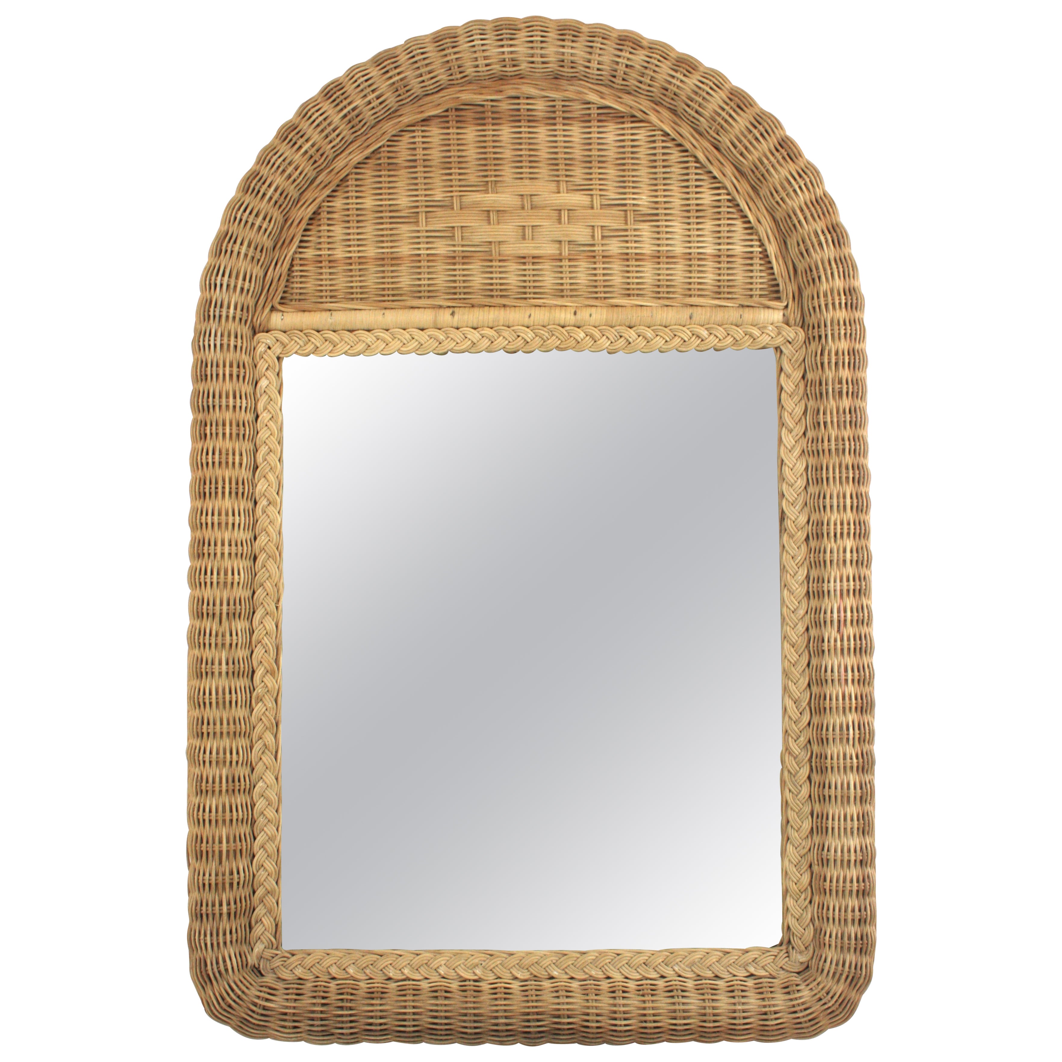 Specchio grande in rattan intrecciato / Specchio consolle con piano ad arco