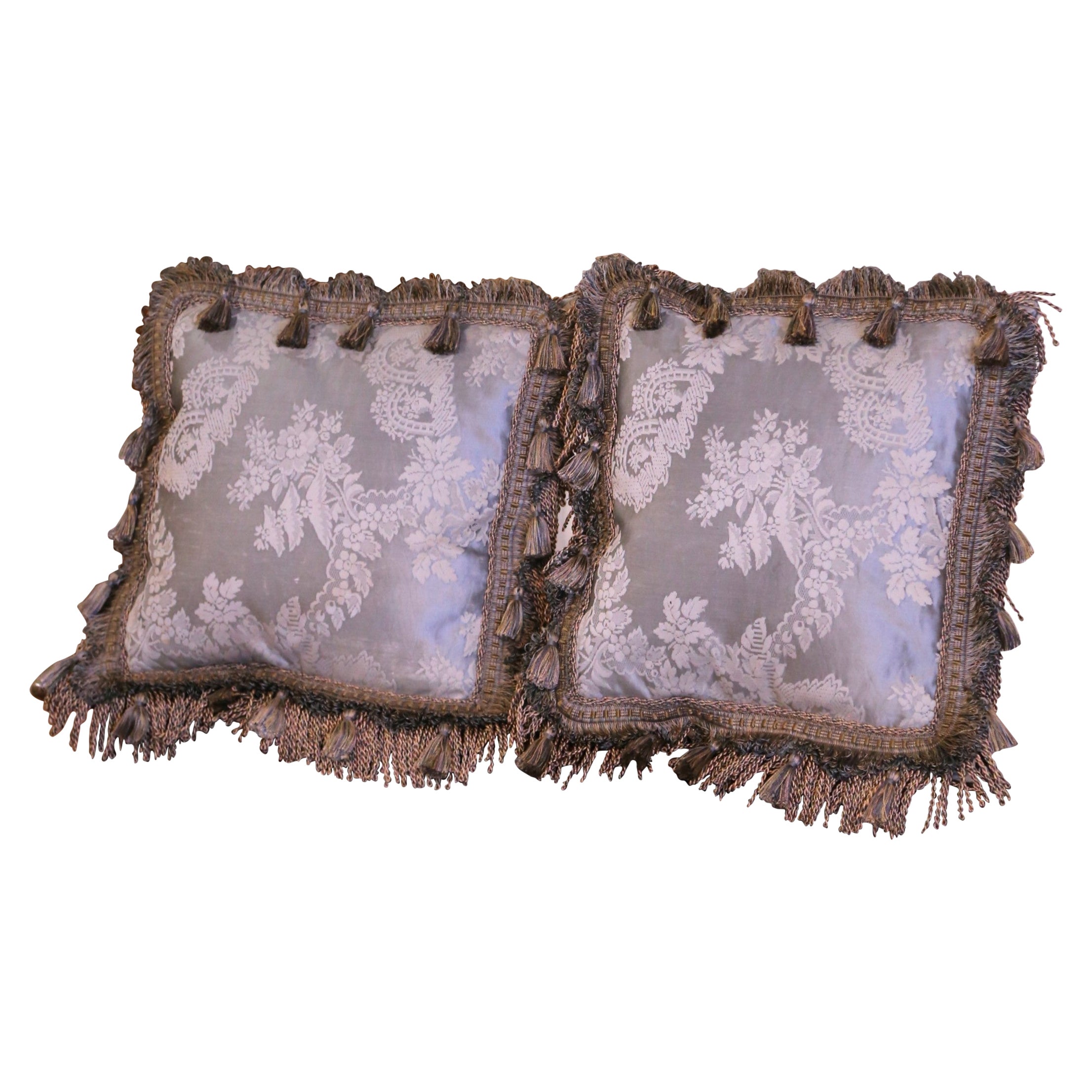 Pair of Decorative Pillows Made with French Antique Embroidered Silk Fabric