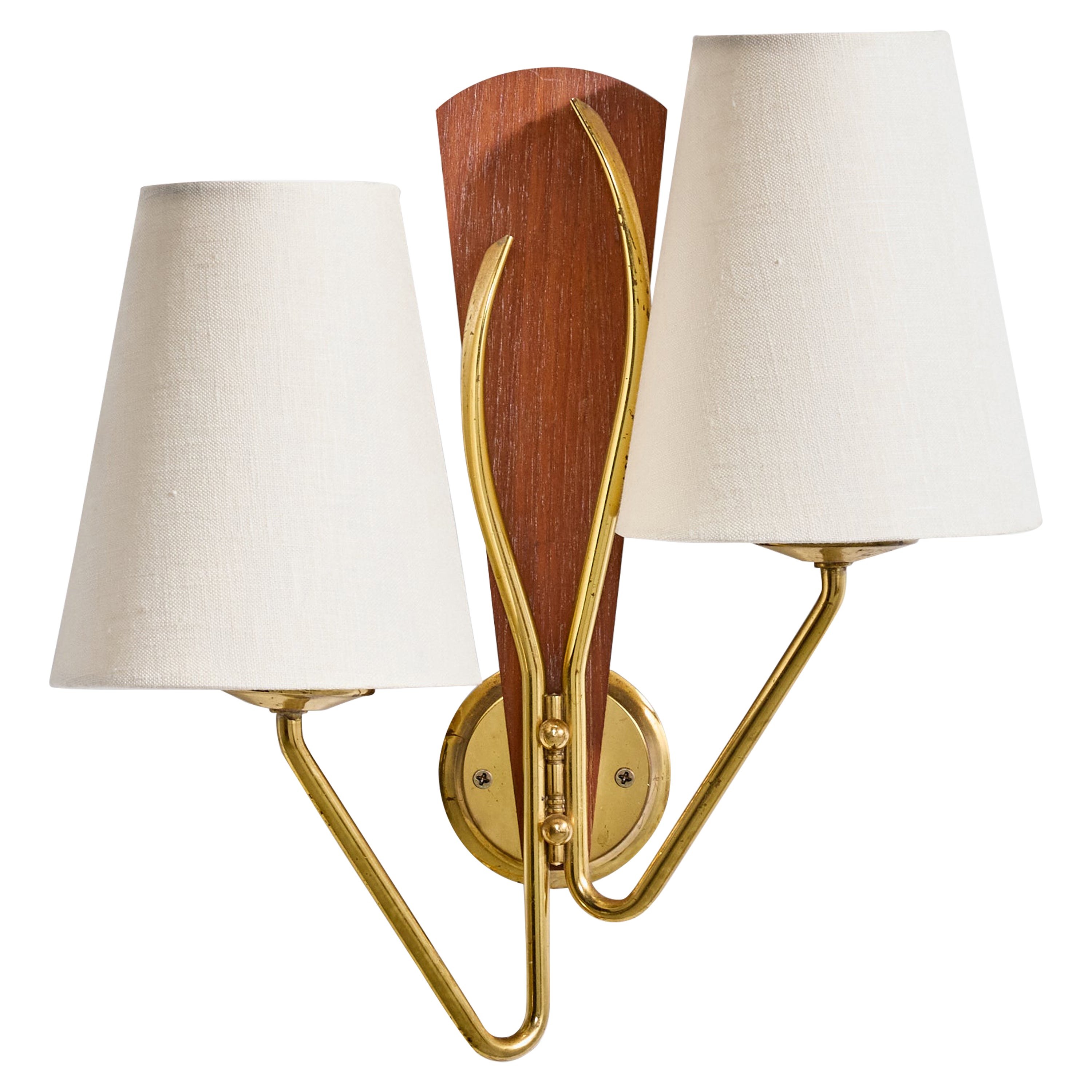 Norwegian Designer, Wall Light, Brass, Teak, Fabric, Norway, 1950s