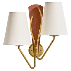 Norwegische Designerin, Wandleuchte, Messing, Teakholz, Stoff, Norwegen, 1950er Jahre