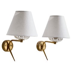 French Designer, Wall Light, Brass, Glass, Fabric, France, 1950s