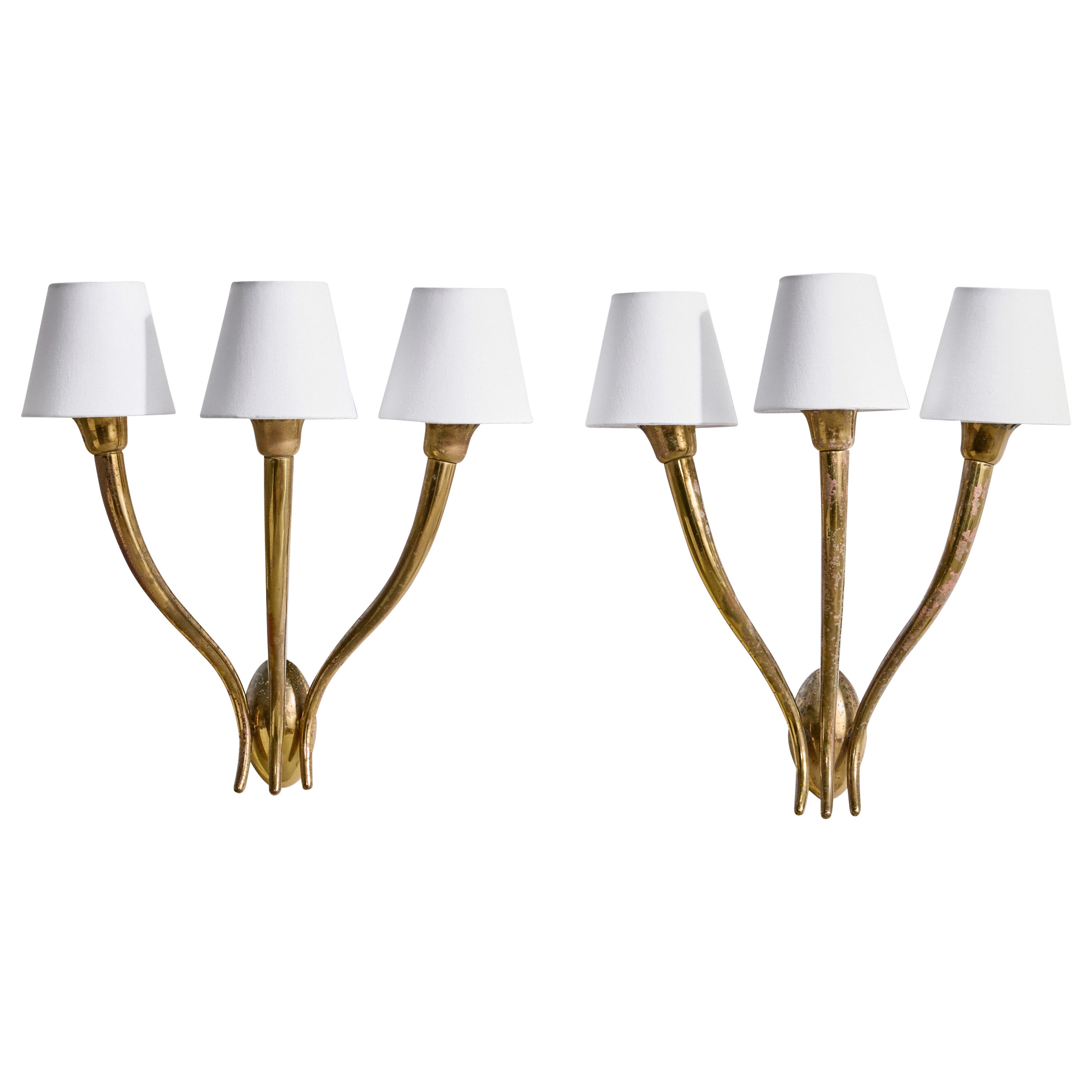 Guglielmo Ulrich Attribution, Wall Lights, Brass, Fabric, Italy, 1940s