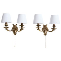 Französischer Designer, Wall Lights, Messing, Stoff, Frankreich, 1950er Jahre