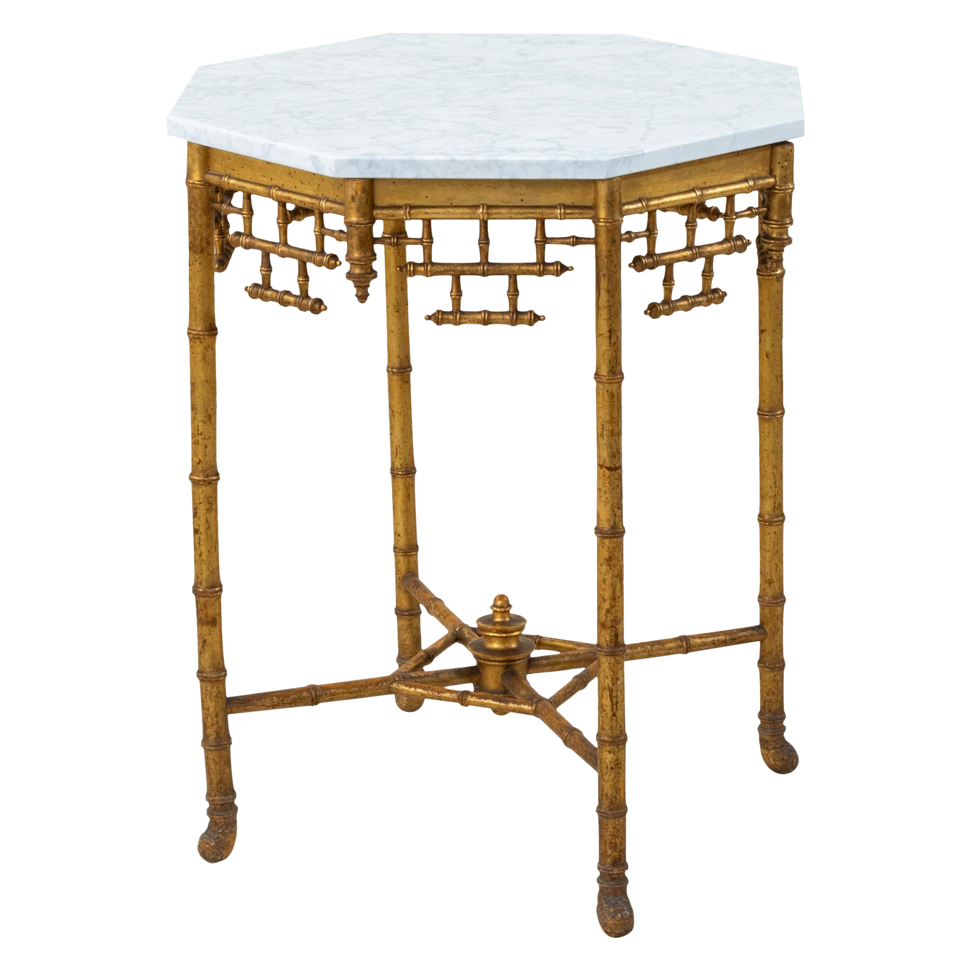 19th Century French Napoleon III Period Faux Bamboo Gilt Wood Side Table, Marble