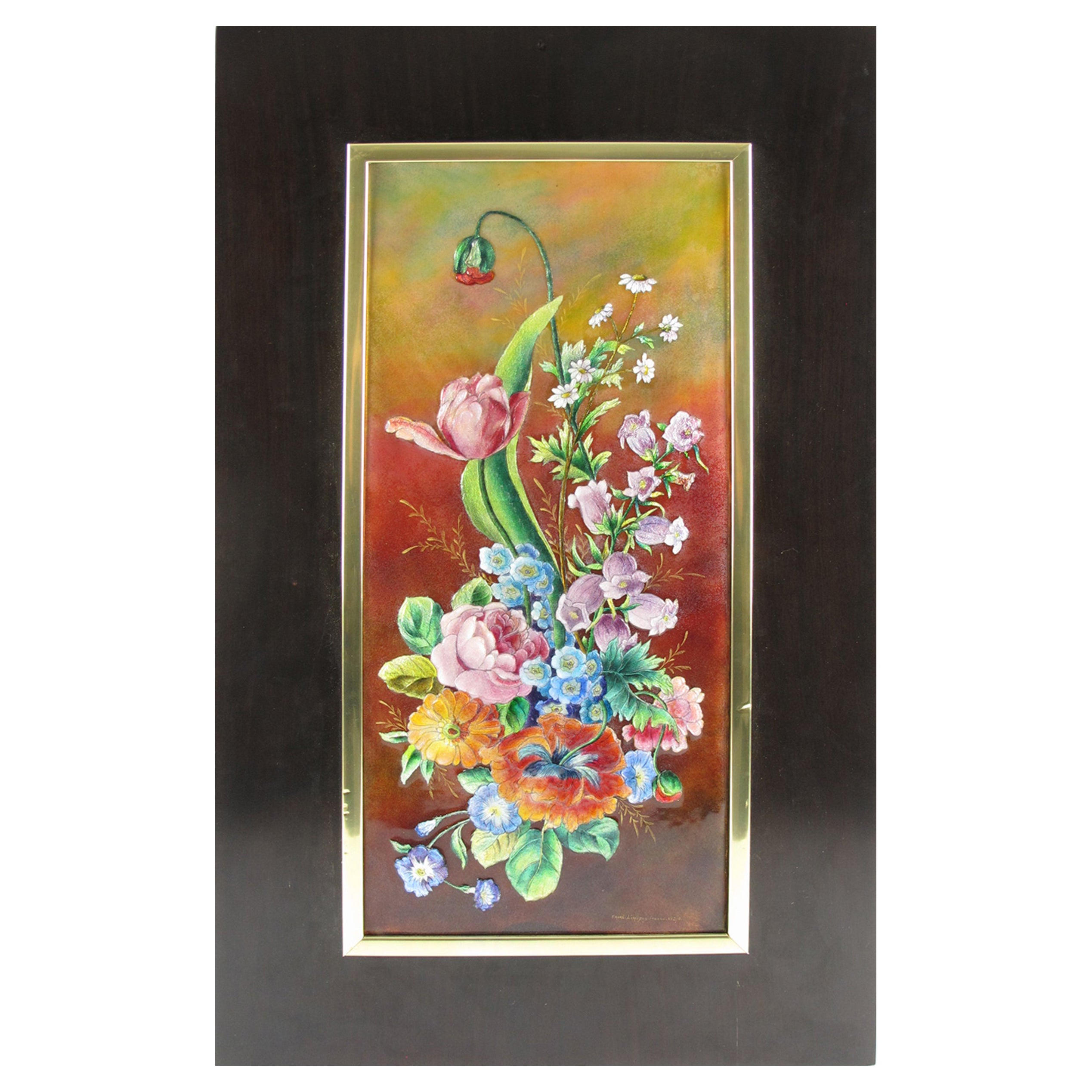 Rare Camille Faure Limoges Enamel Floral Artwork Plaque Frame, circa 1940 For Sale