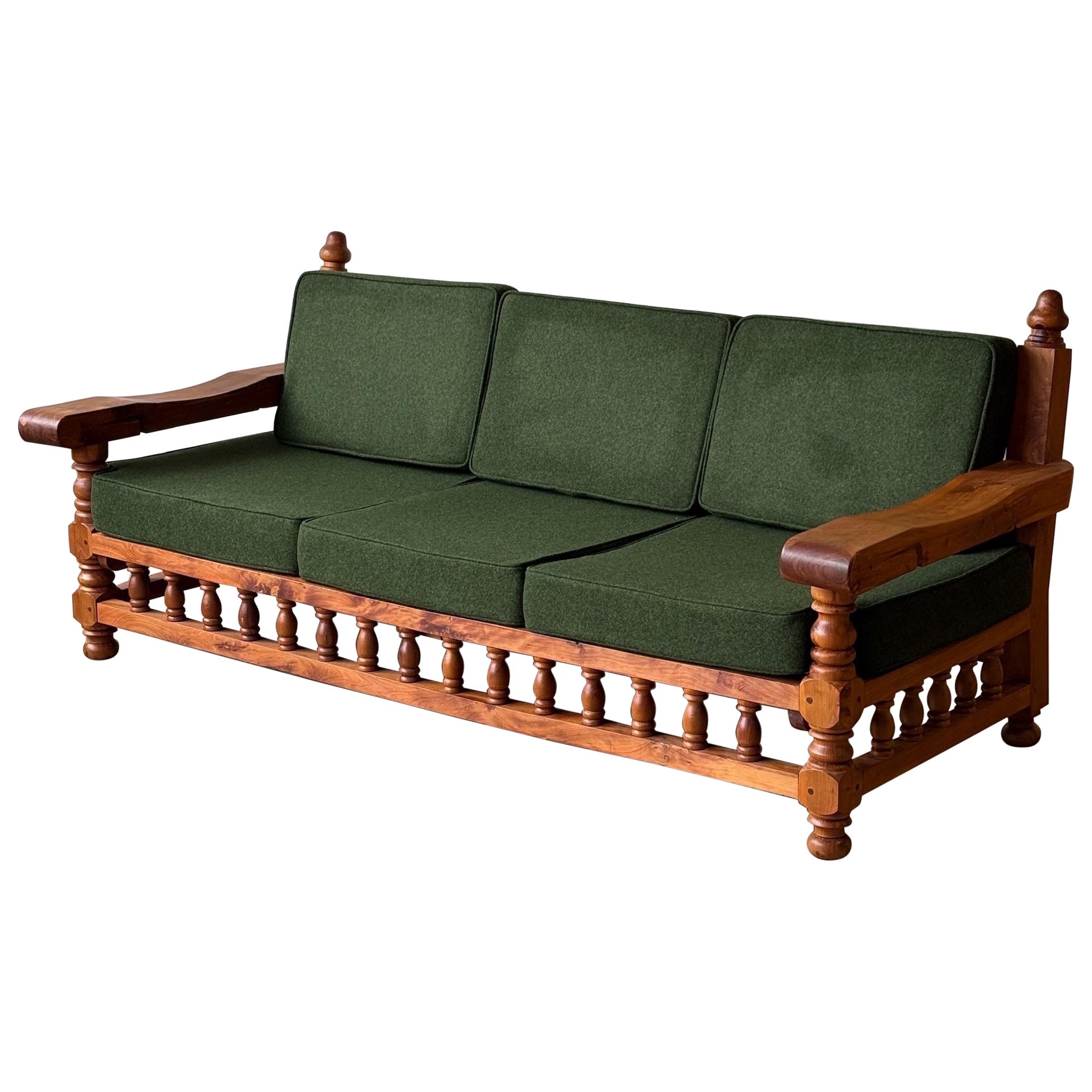 Brutalist Carved Pine Sofa in Green Wool For Sale