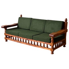Used Brutalist Carved Pine Sofa in Green Wool