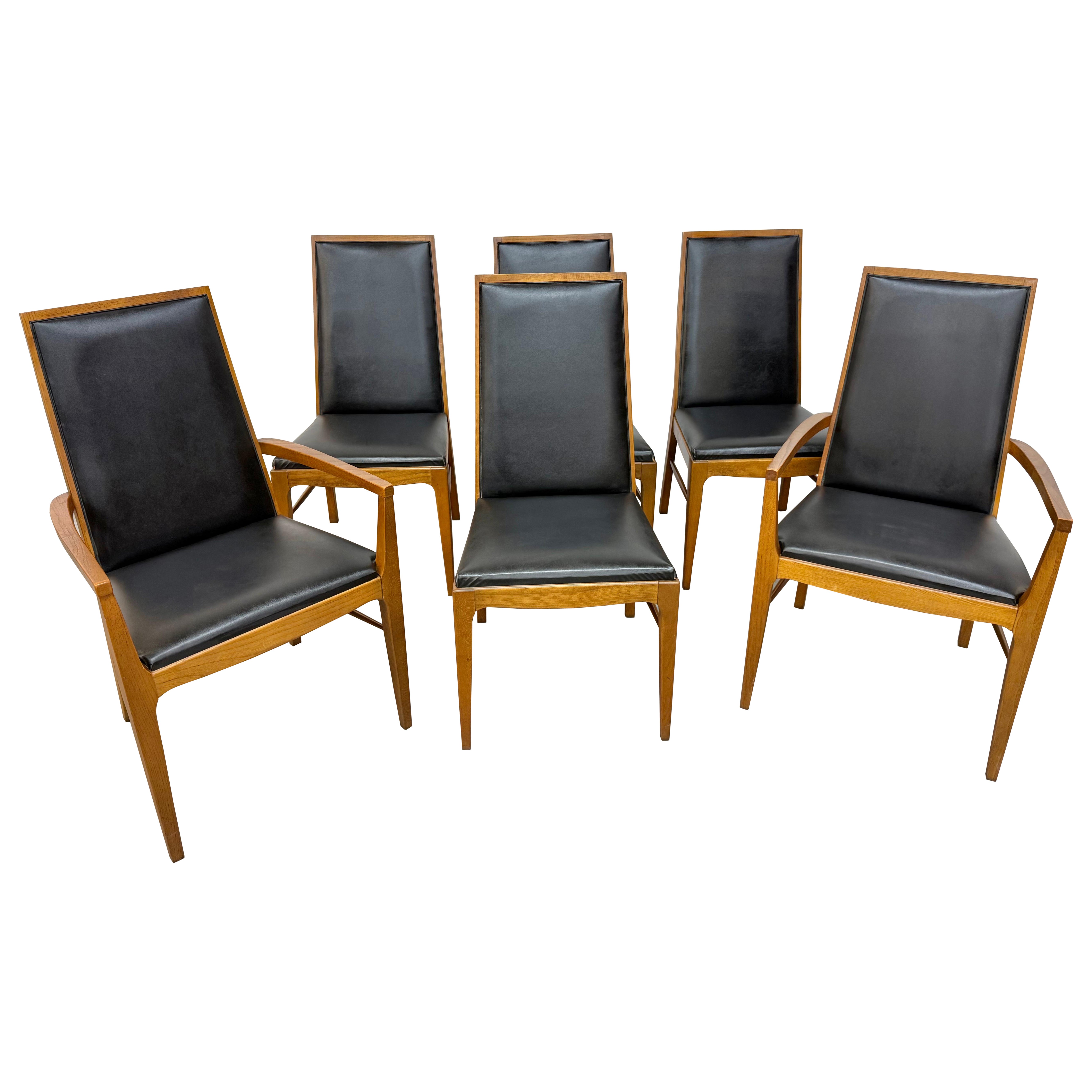 Mid-Century Modern Lane Walnut Black Vinyl Dining Chairs - Set of 6