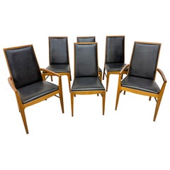 Mid-Century Modern Lane Walnut Black Vinyl Dining Chairs - Set of 6