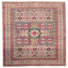 India Sari Silk Area Rugs - Wool Green Ivory Pink Design - 94090