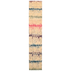 India Ikat Runner Rug - Wool Blue Green Ivory Pink Design - 94110