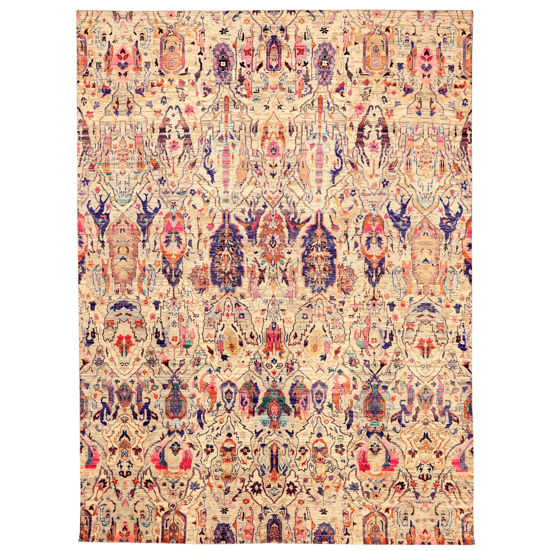 Tapis Ikat indiens - Design en laine bleu ivoire rose - 94163
