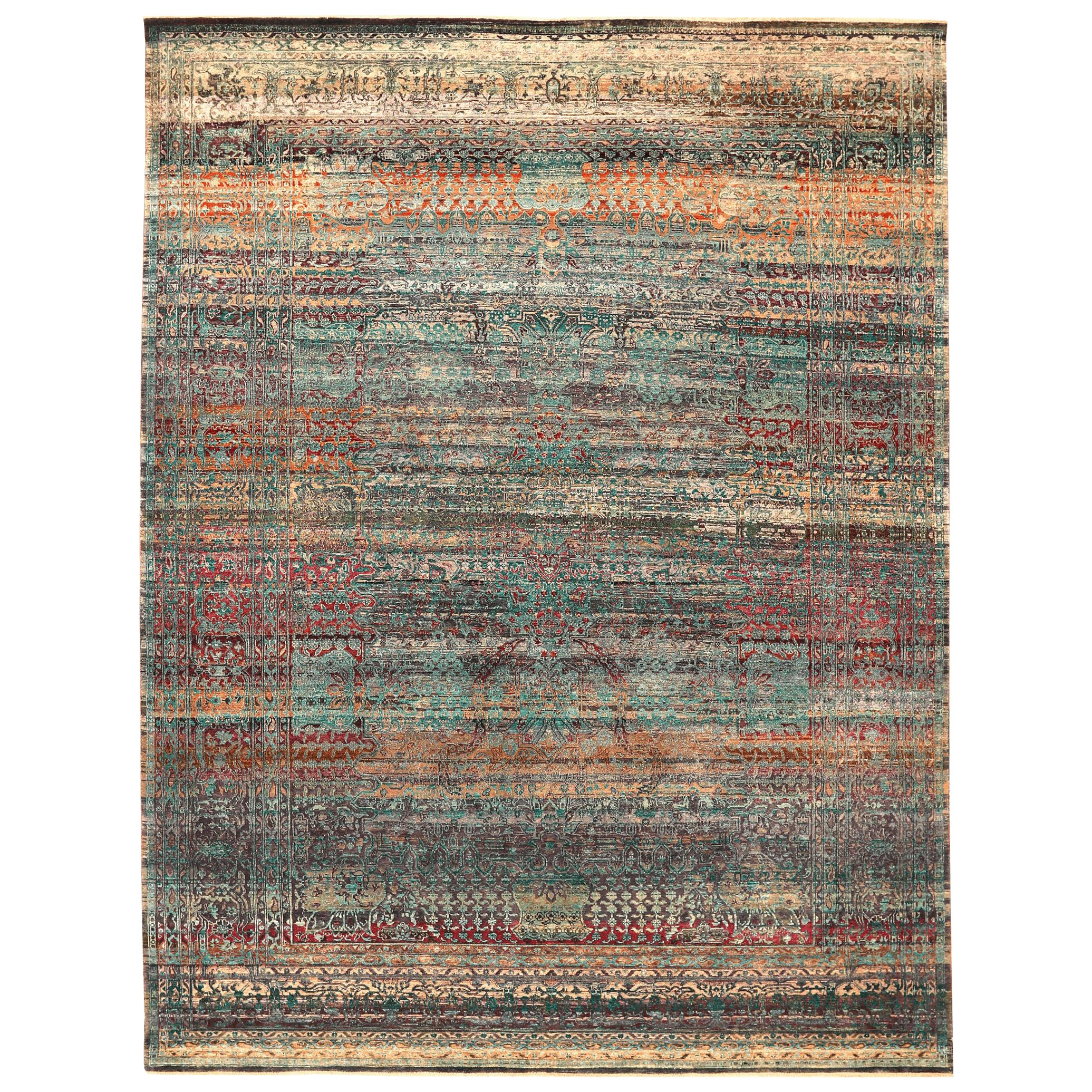 India Tabriz Area Rugs - Wool Blue Green Ivory Orange Red - 94165