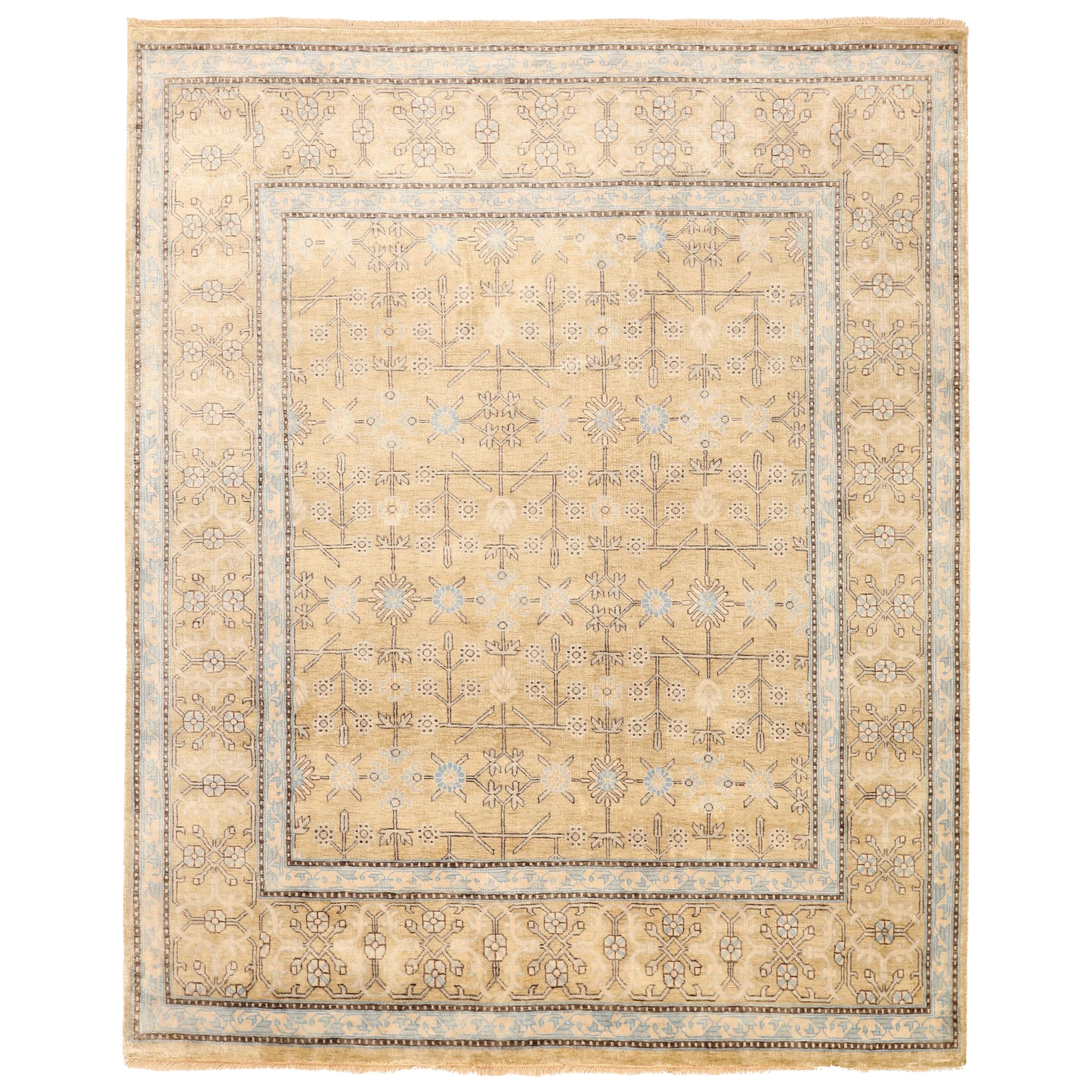 Khotan-Teppiche aus Wolle – elfenbeinfarbenes, gelbes Design – 93807, Indien