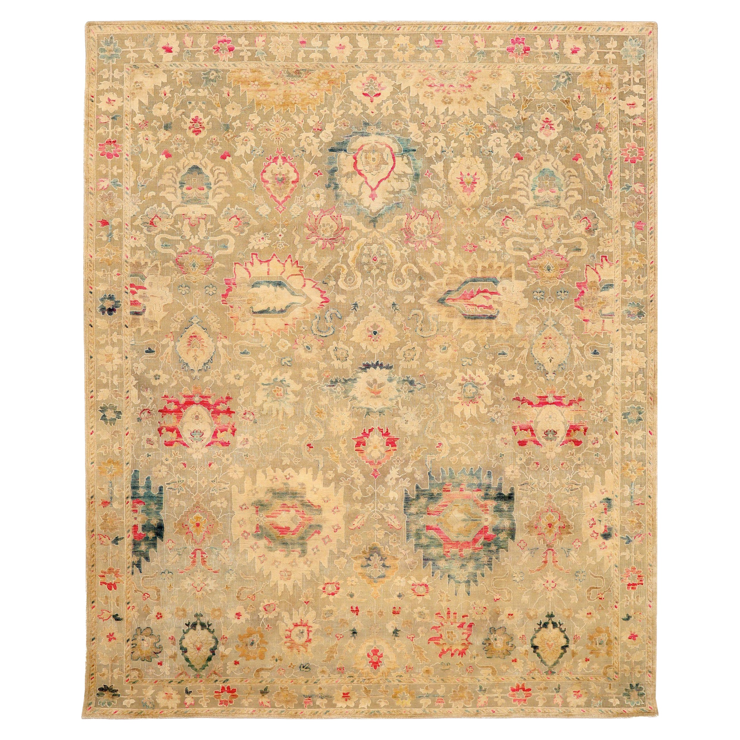 Tapis indien Sari en laine ivoire rouge taupe motif - 93839