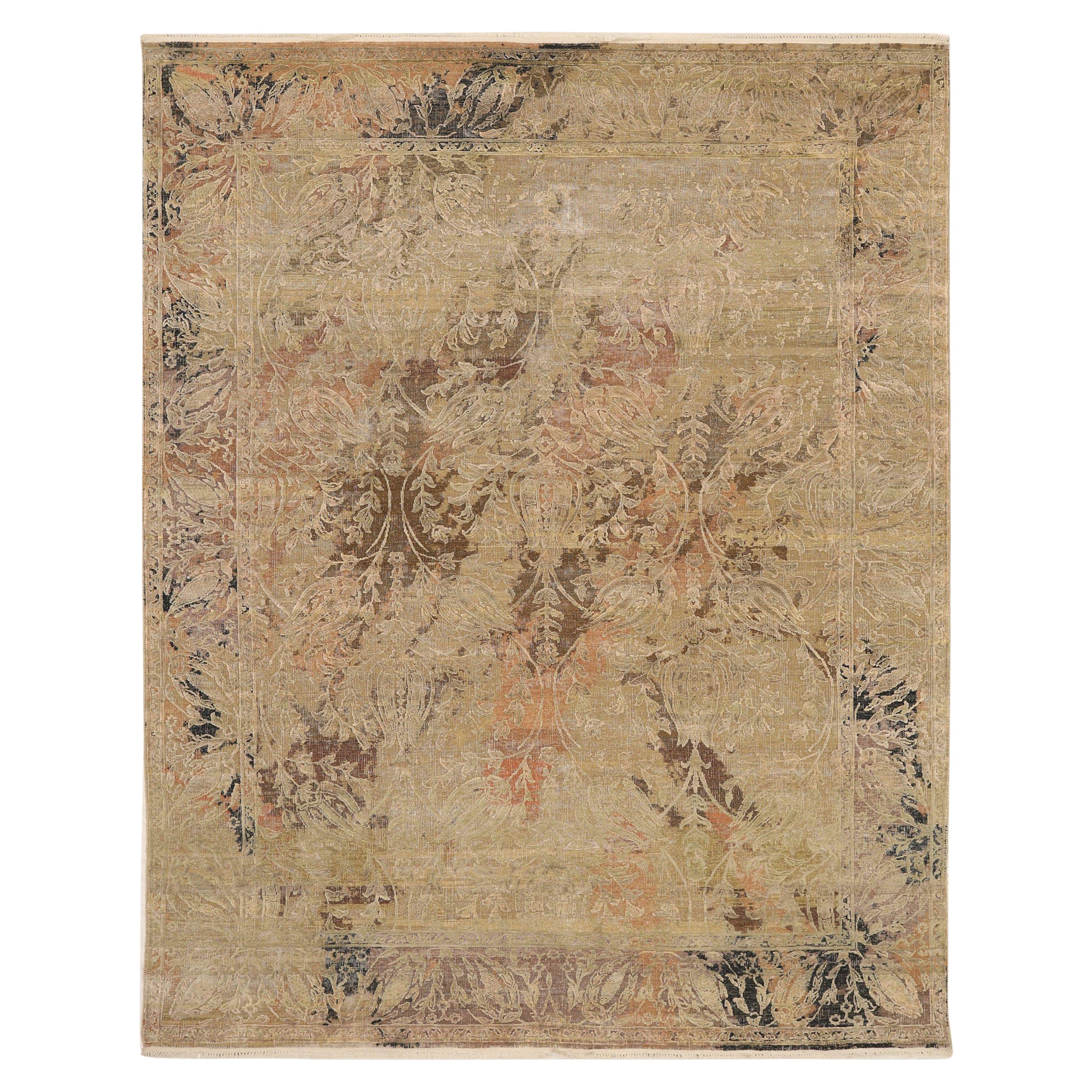 Tapis en soie Sari de l'Inde - Laine Marron Vert Ivoire Rose - 93843