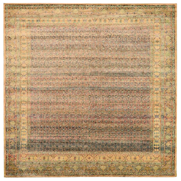 Tapis indien Sari en laine motif vert rose jaune - 93861 en vente