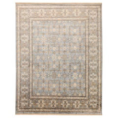 India Khotan Area Rugs - Wool and Silk Blue Ivory Design - 93848