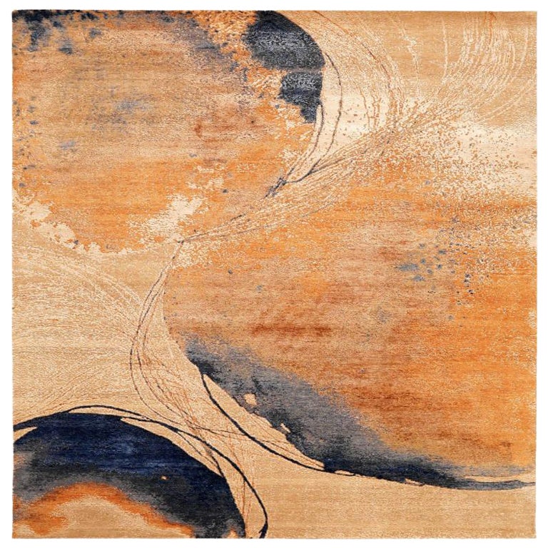 India Modern Area Rugs - Wool Blue Ivory Orange Yellow Design - 94024