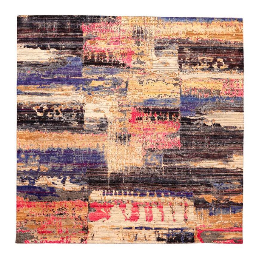 Tapis en soie Sari de l'Inde - Laine Brown Ivoire Rose Jaune - 94139