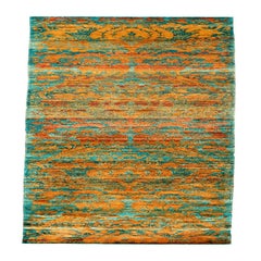 Indien Sari Seide Läufer Teppich - Wolle Blau Orange Gelb Design - 94215