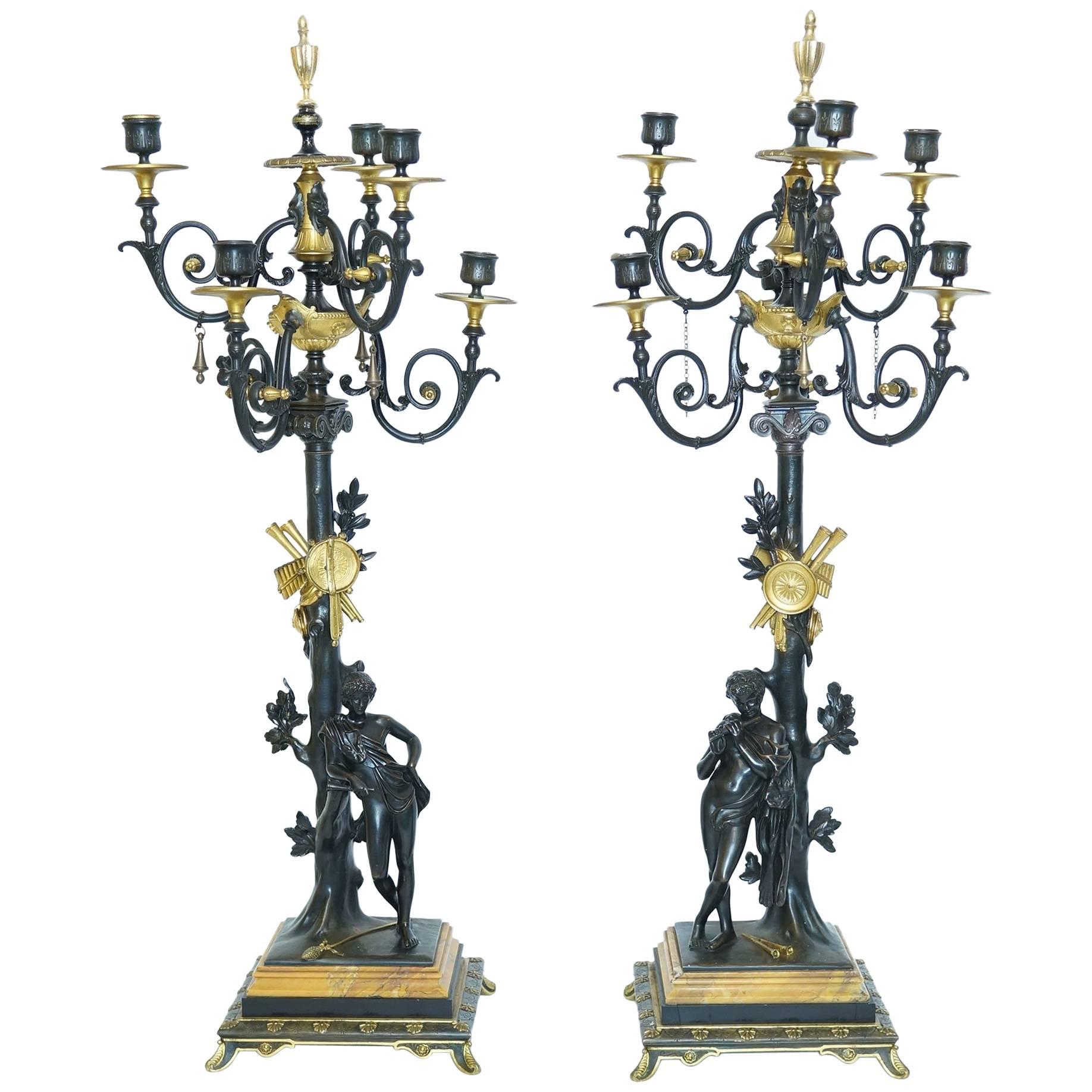 Pair of Neoclassical Bronze Two-Tone Figural Candelabra For Sale